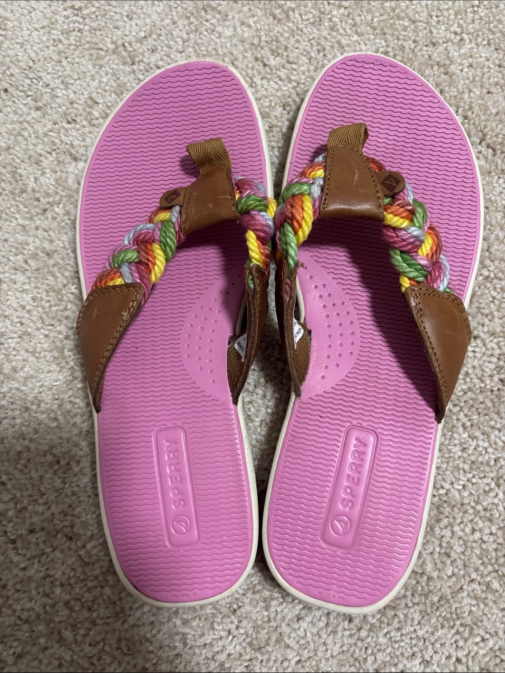 Sperry Women's Pink Footbed Sandals with Braided Multi-Color Straps